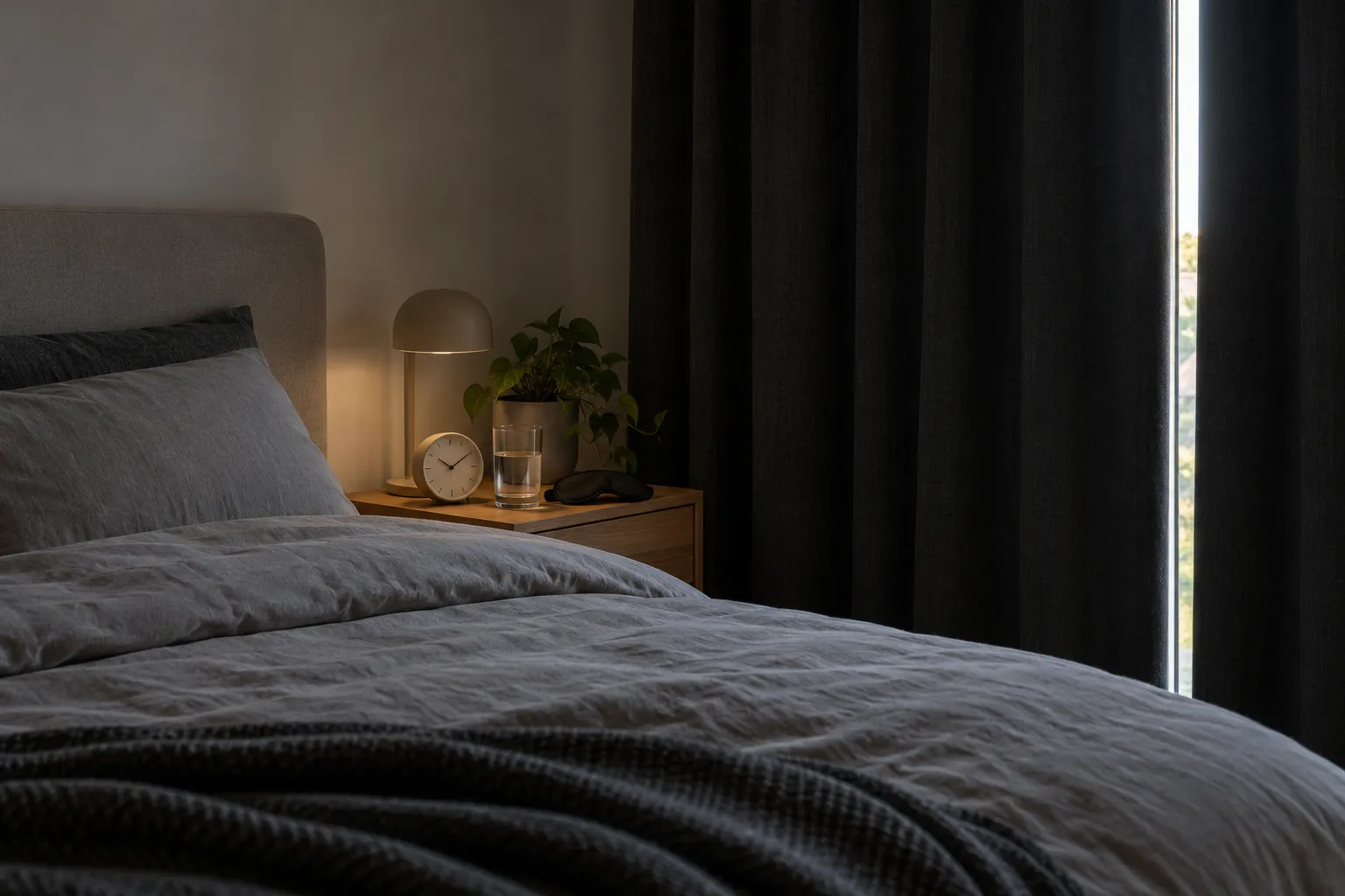 Slaapkamer met verduisterend gordijn, een wekker en een glas water op het nachtkastje bij daglicht