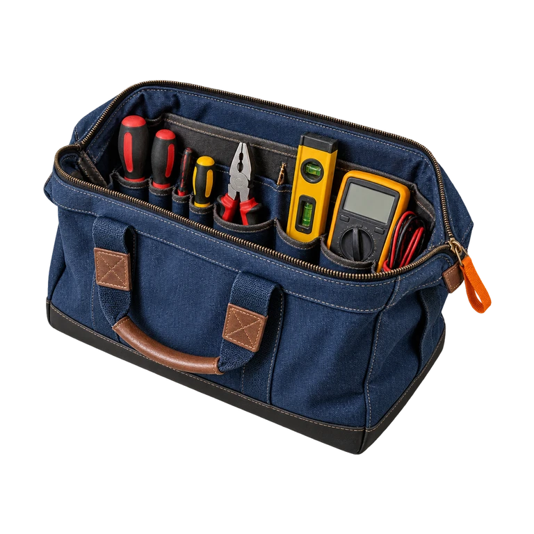 Open gereedschapstas van denimblauw canvas met schroevendraaiers, tang en waterpas