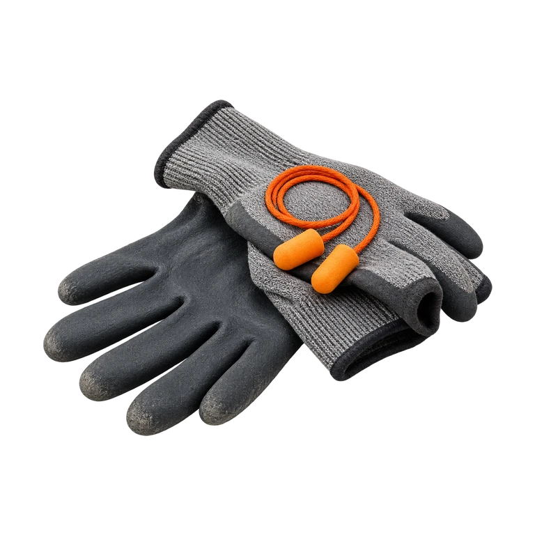 Grijze werkhandschoenen met oordoppen aan een oranje koordje