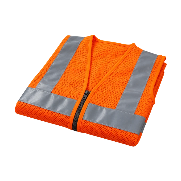 Opgevouwen oranje veiligheidshesje met reflecterende strepen