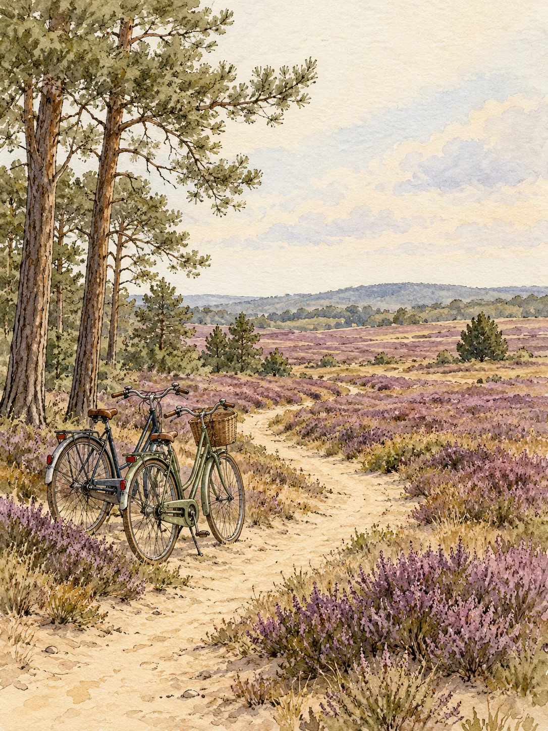 Twee fietsen op een zandpad dat van de dennen naar de bloeiende heide loopt