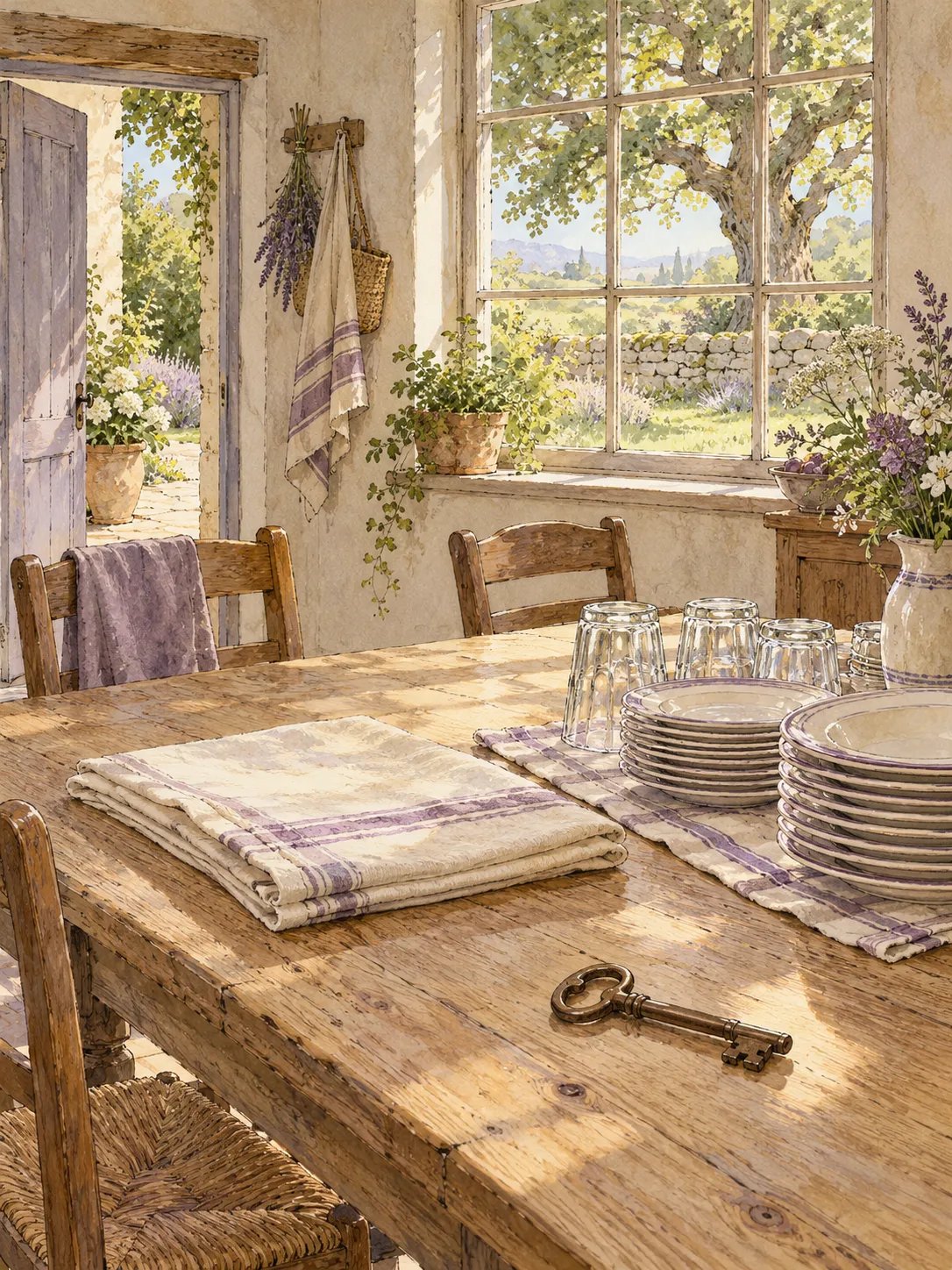 Lange keukentafel met schoon servies en een oude sleutel klaar om terug te geven