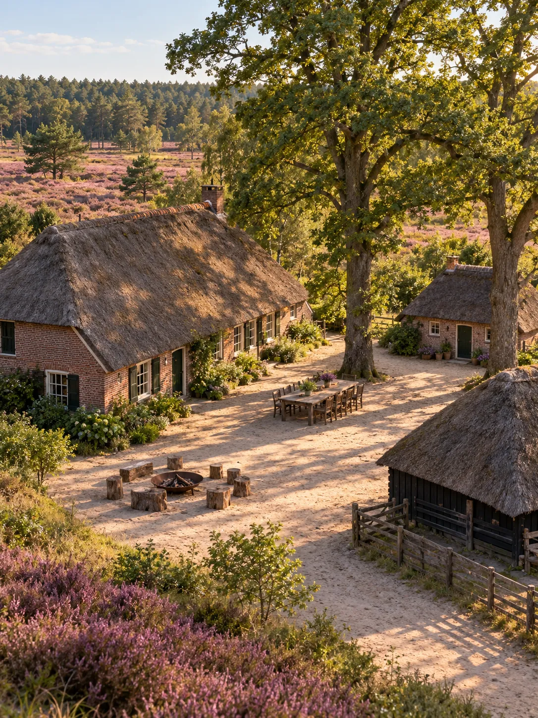 Het hele erf van bovenaf, met drie rieten daken rond twee oude eiken