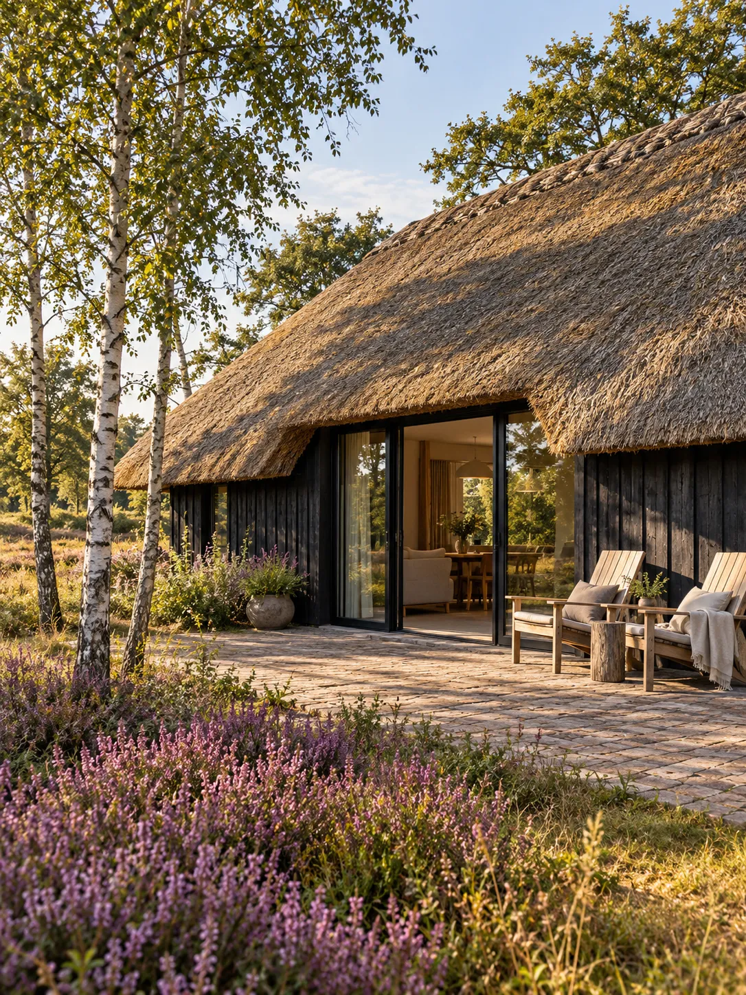 De Schaapskooi, laag en gelijkvloers, met een terras tussen de heide