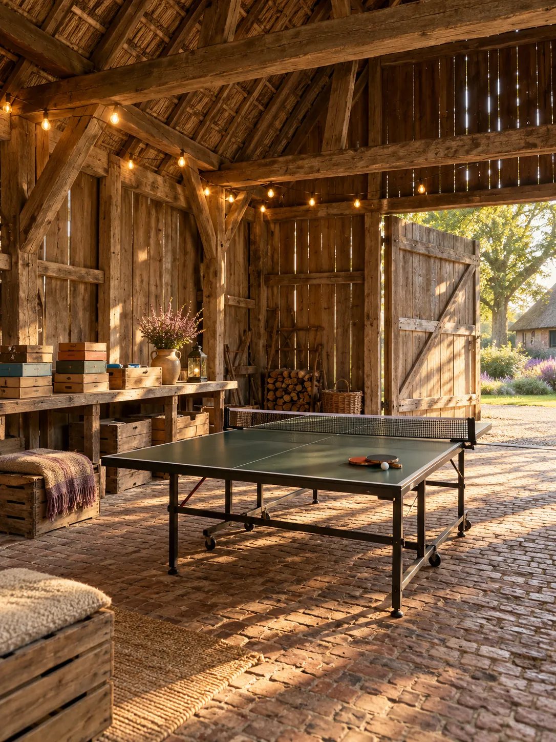 De gedeelde schuur met een pingpongtafel en dozen met spellen