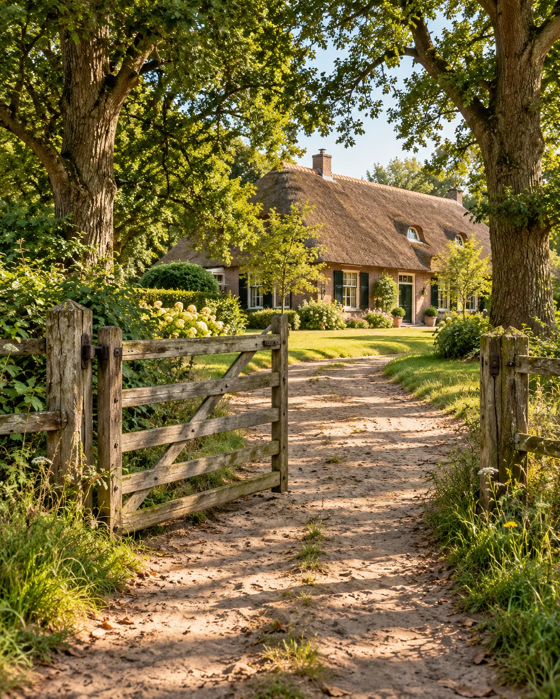 Door het half open houten hek zie je de rieten boerderij tussen twee eiken