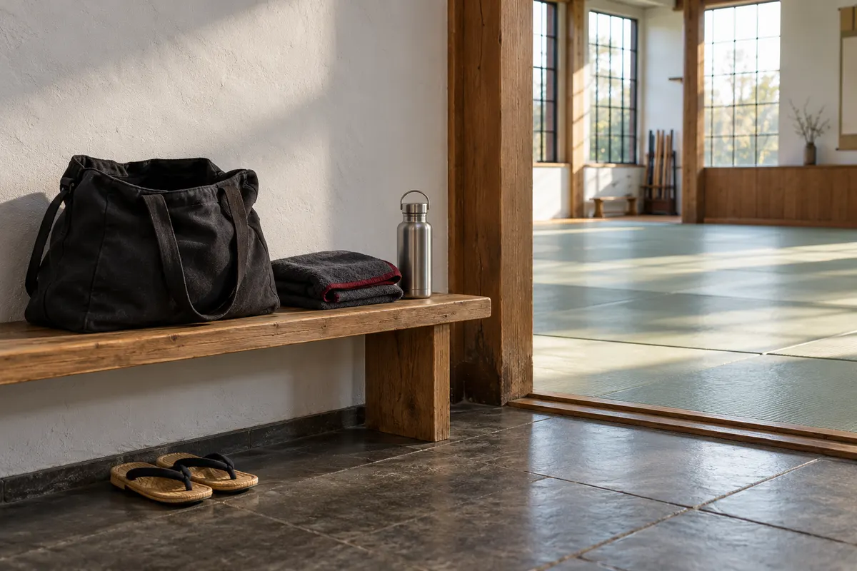 Sporttas met handdoek en bidon op een houten bank bij de ingang van de dojo