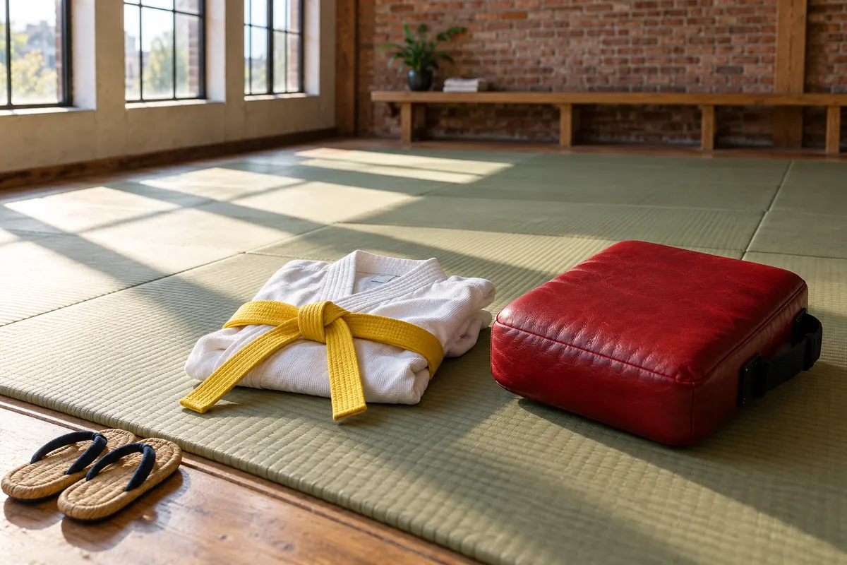 Klein rood stootkussen en een kindergi met gele band op de tatami