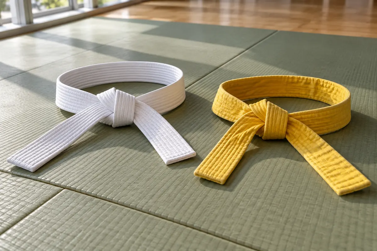 Een nieuwe witte band en een gedragen gele band naast elkaar op de tatami