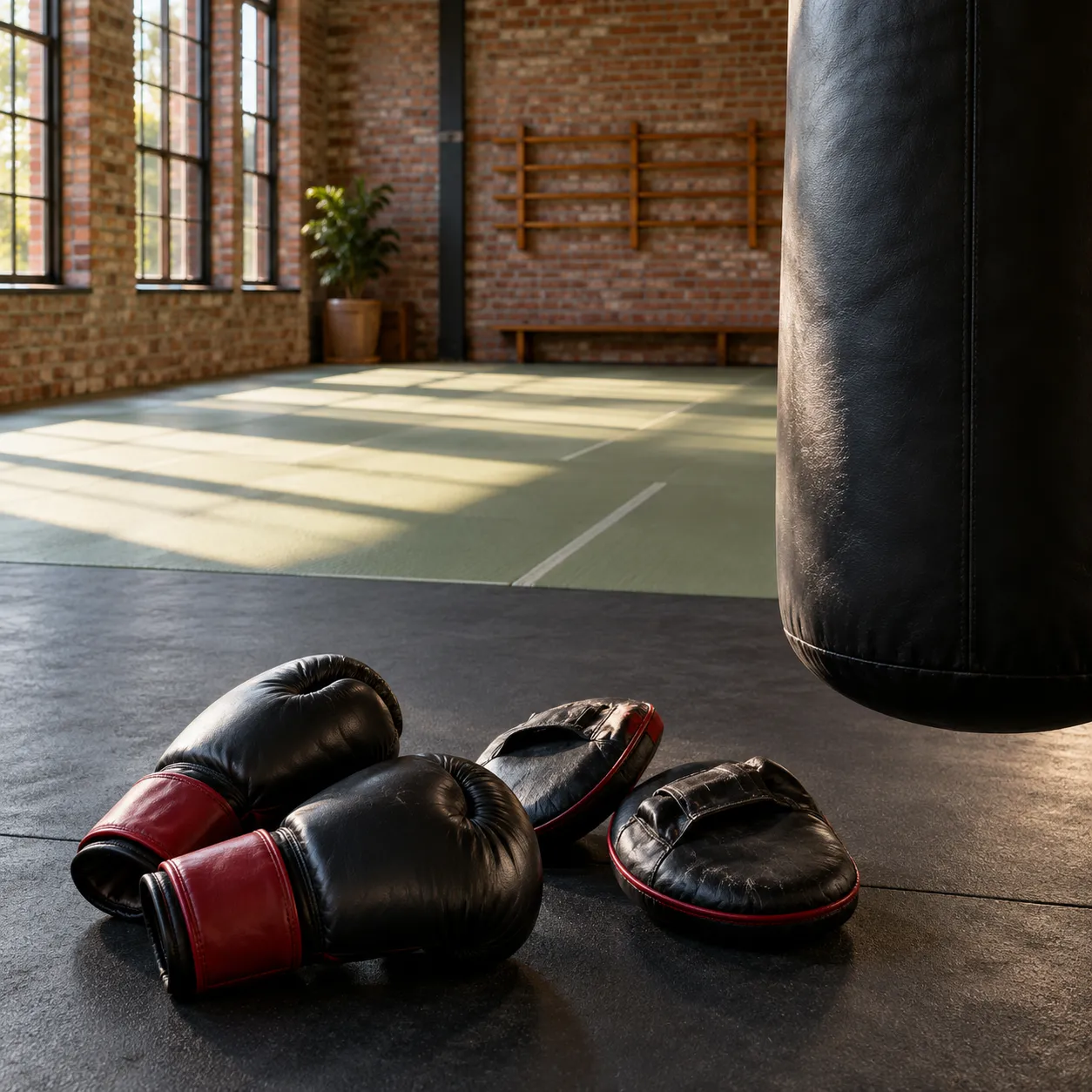 Bokshandschoenen en pads op de vloer naast de bokszak