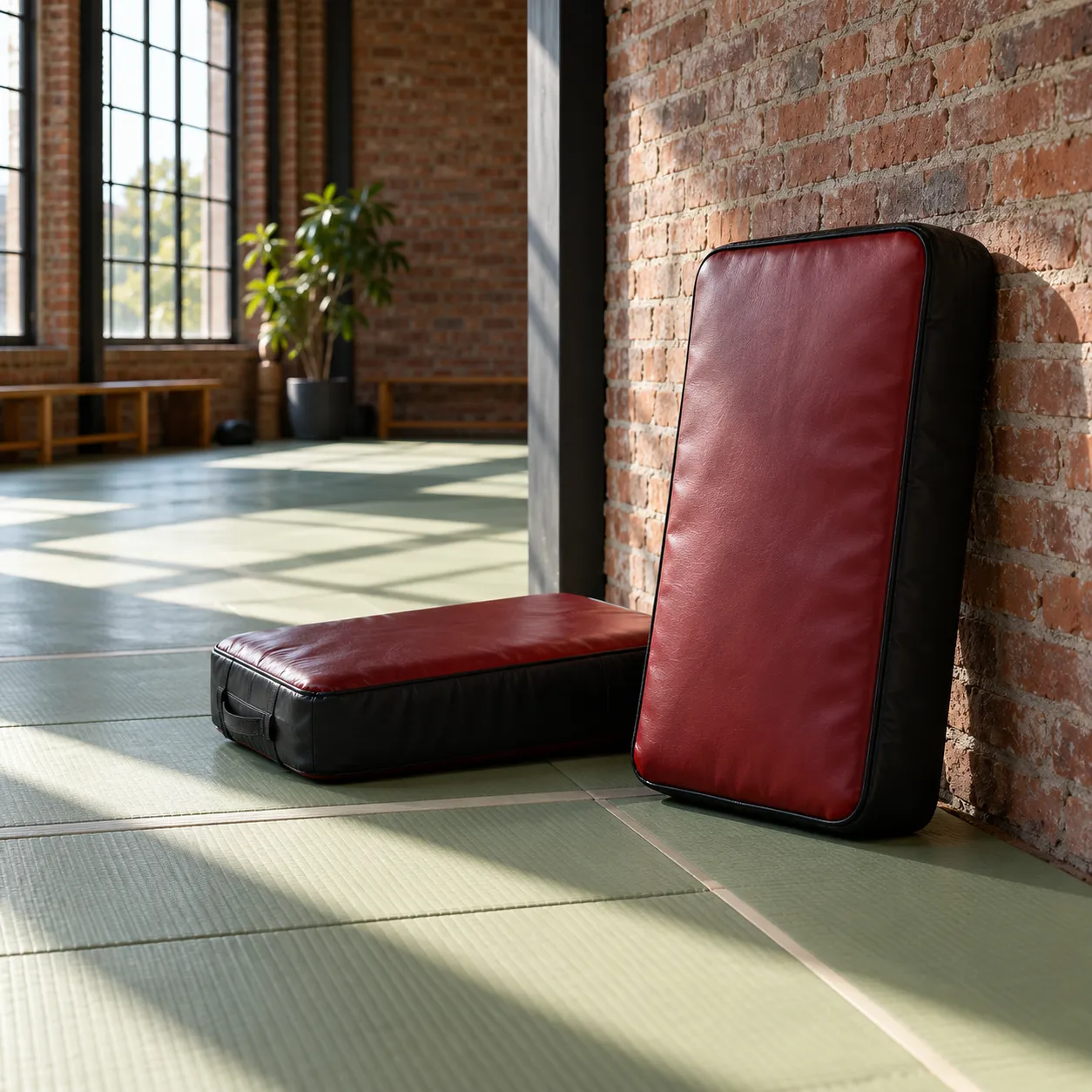 Rood stootkussen tegen de bakstenen wand van de dojo