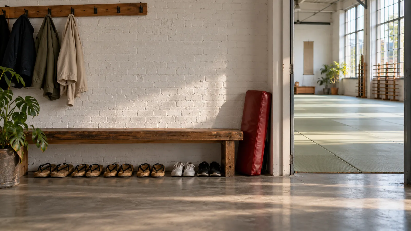 De ingang van de dojo: een houten bank met een rij zori en sportschoenen eronder, jassen aan een rek en door de open deur de groene tatami