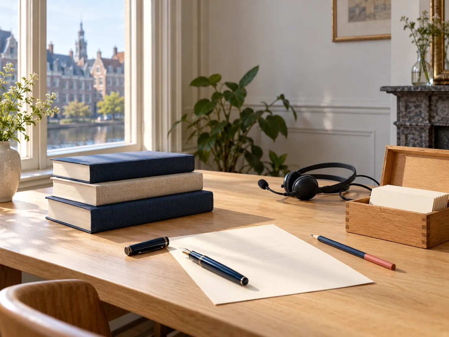 De werktafel van een vertaler bij het raam, met woordenboeken, een vulpen op blanco papier, een correctiepotlood, een kaartenbak en een tolkenkoptelefoon