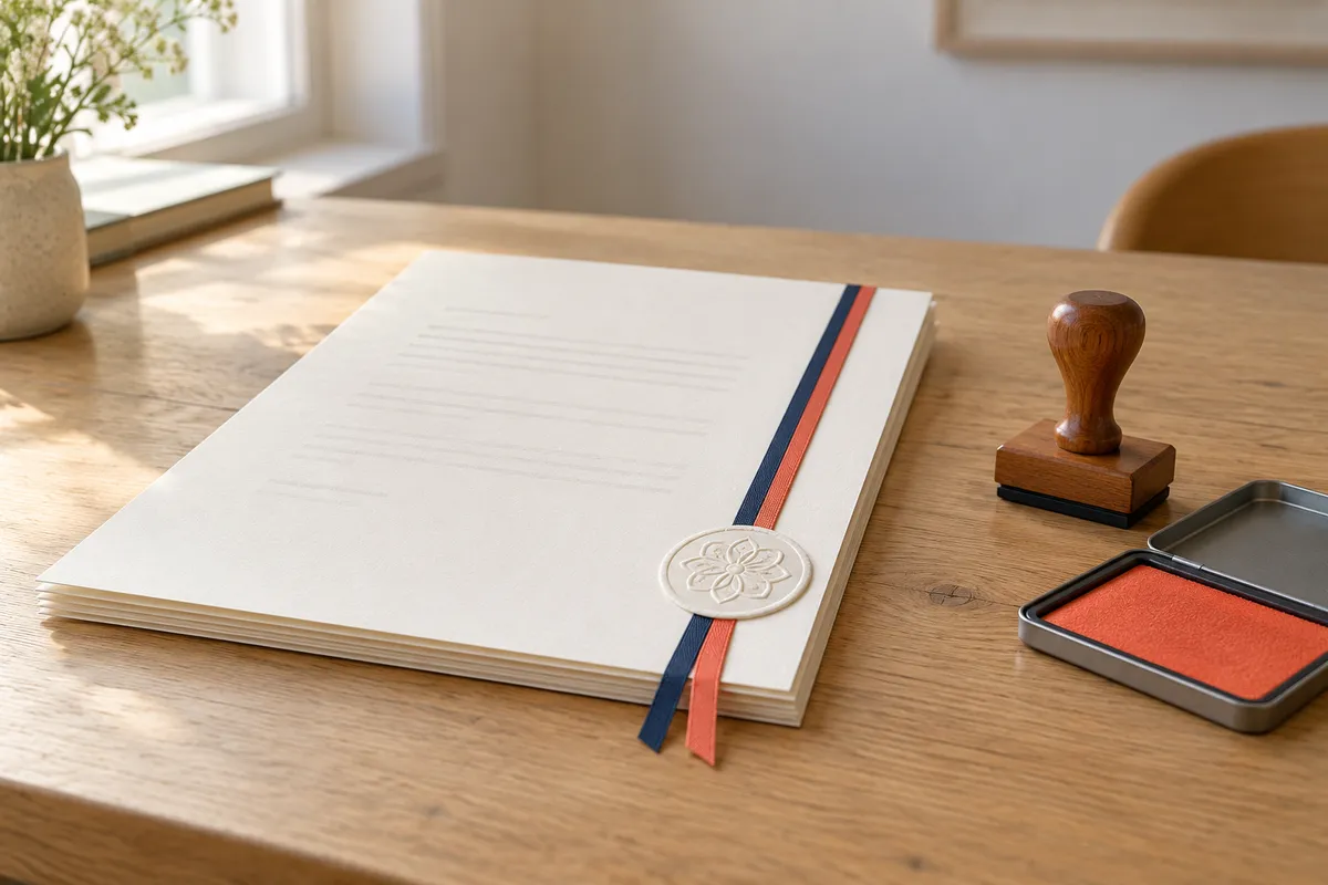 Beëdigd document met lint en blindstempel naast een houten stempel op een werktafel