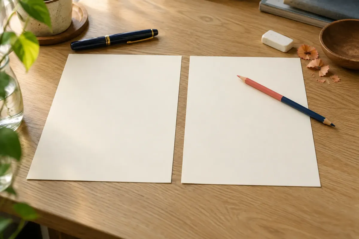 Twee vellen papier naast elkaar met correctiepotloden en een vulpen in zacht raamlicht