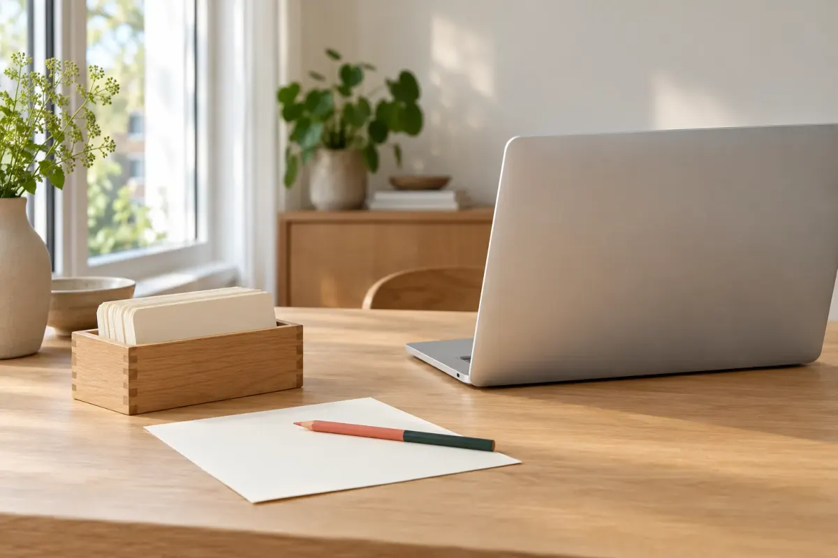Laptop met een blanco webpagina naast een kaartenbak met systeemkaarten en een correctiepotlood