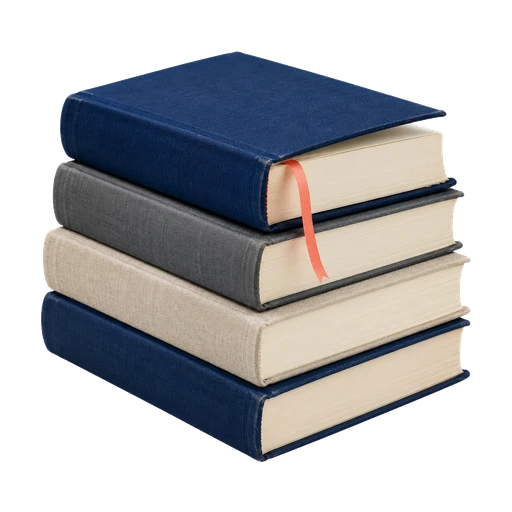 Stapel woordenboeken met een linnen rug en een koraalrood leeslint