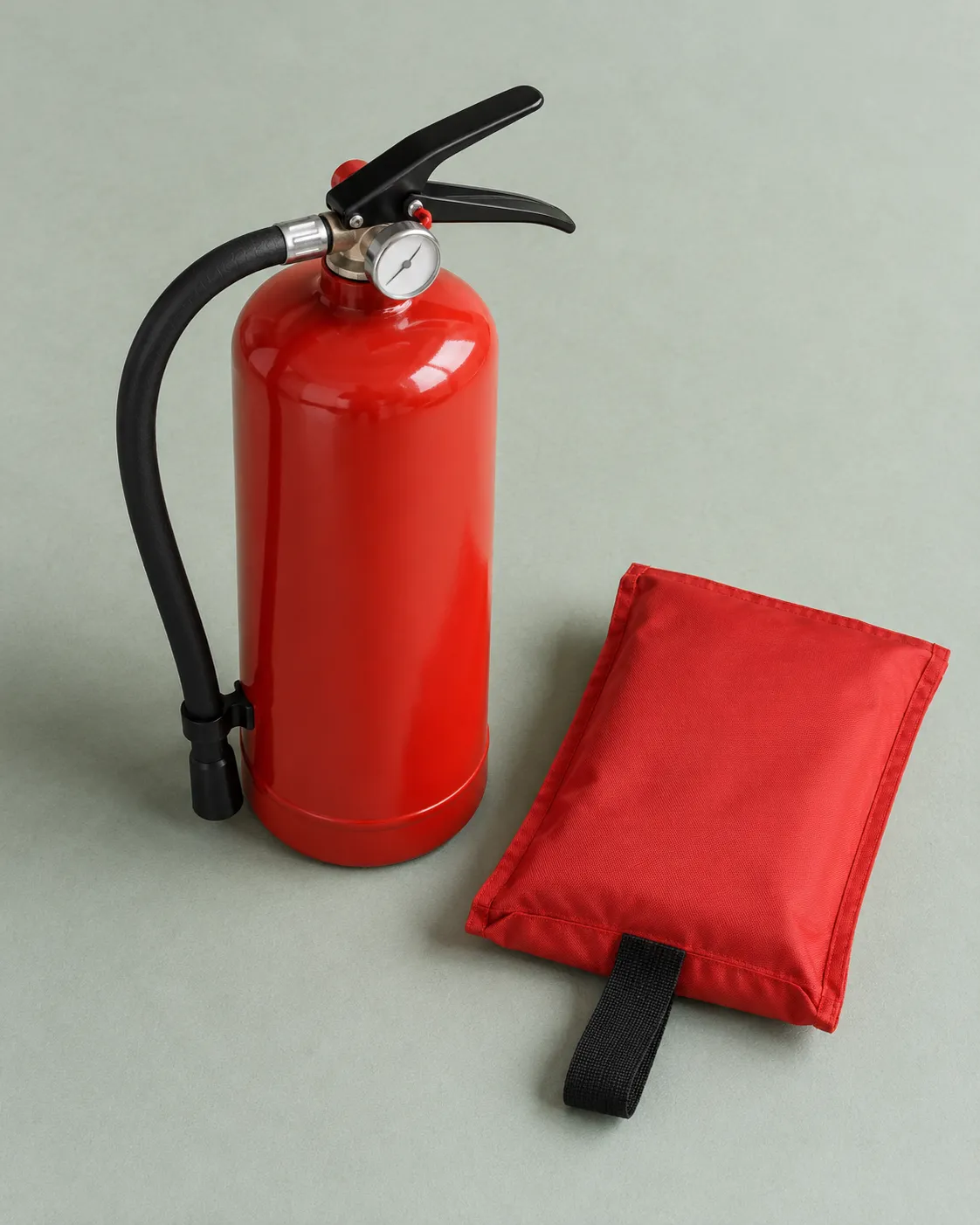 Kleine rode brandblusser naast een blusdeken in een rode hoes
