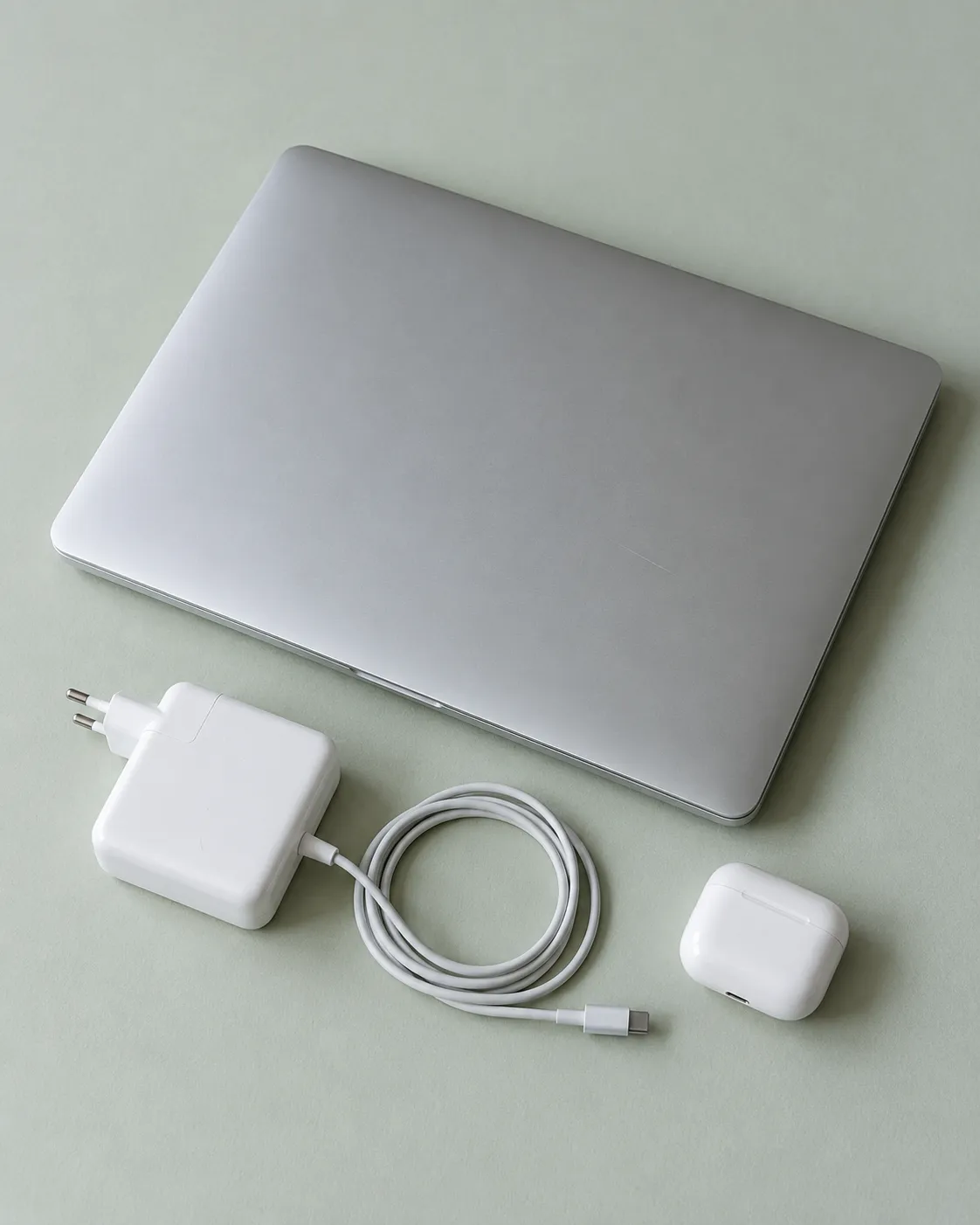 Dichtgeklapte laptop met lader en oordopjes