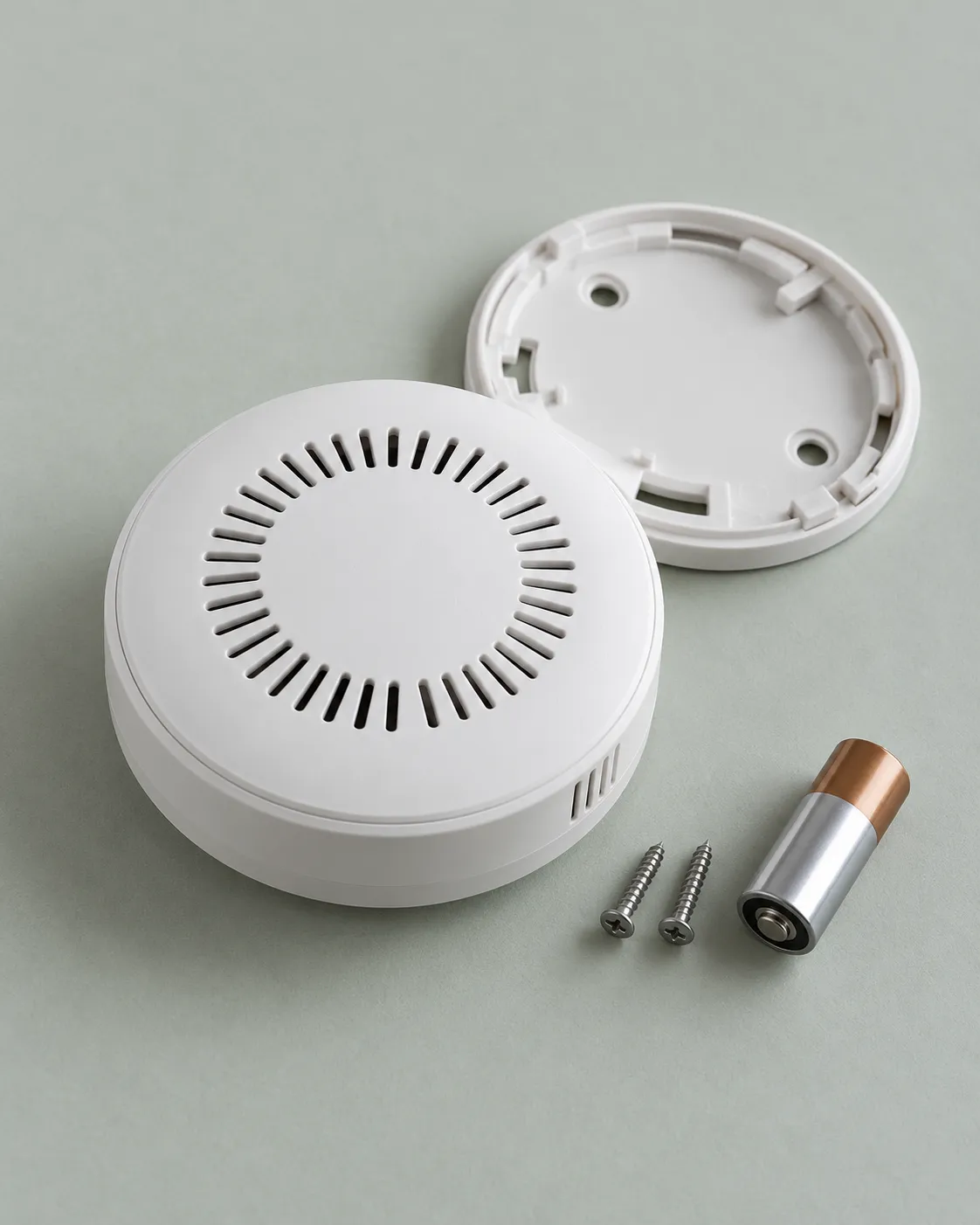 Rookmelder met losse montageplaat, twee schroefjes en een batterij