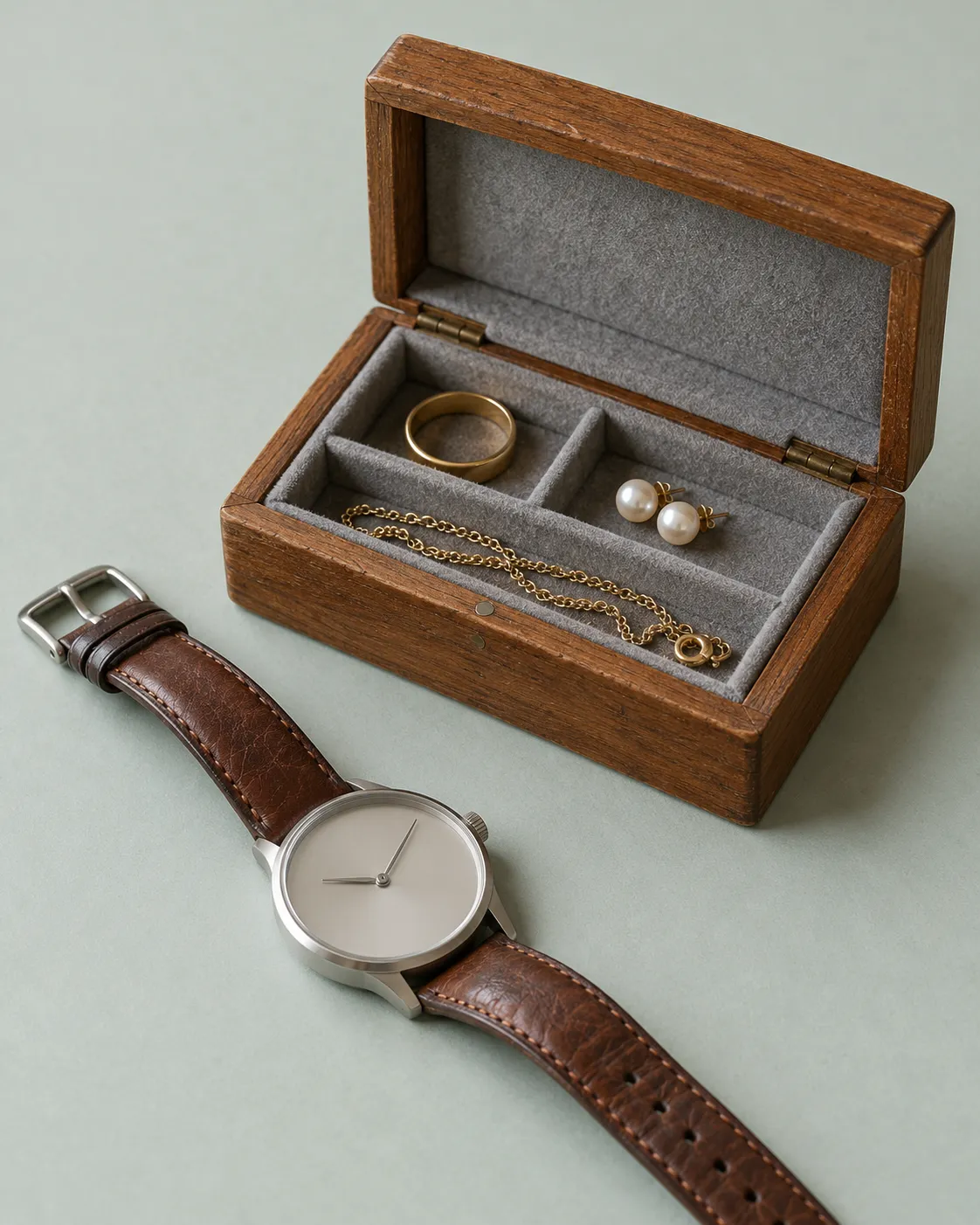 Open houten sieradendoosje met ring, oorbellen en ketting, met een horloge ervoor