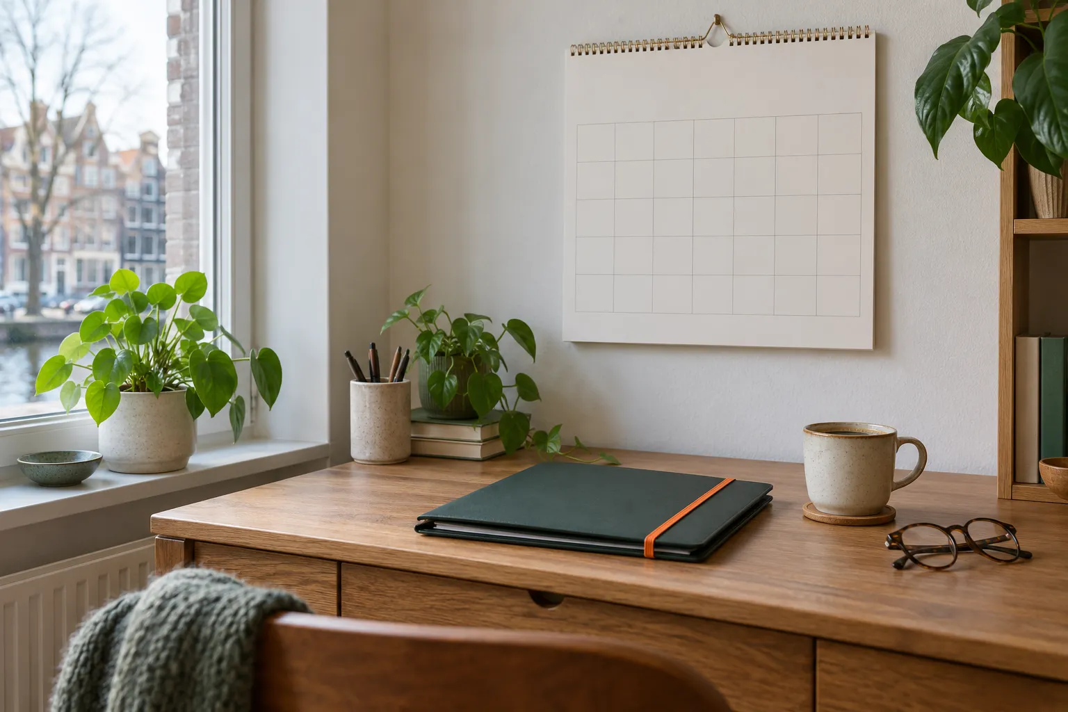 Papieren kalender aan de muur boven een bureau met een dichte map, een kop koffie en een leesbril