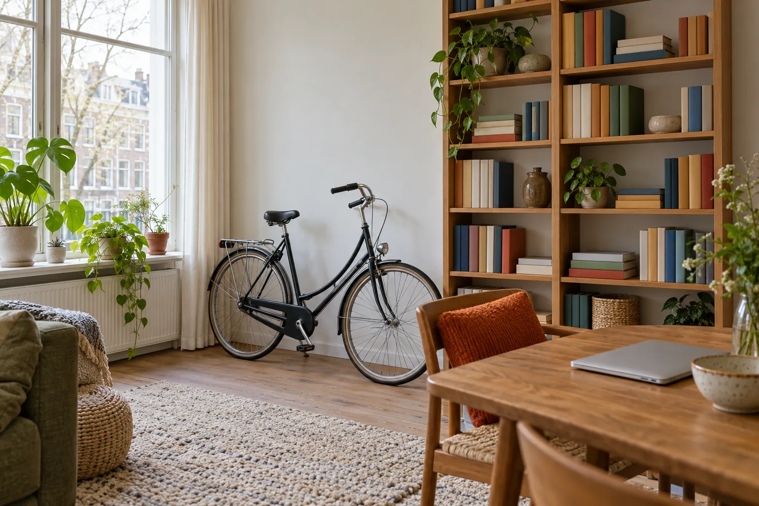 Woonkamerhoek met een fiets tegen de muur, een boekenkast en een opengeklapte laptop op tafel
