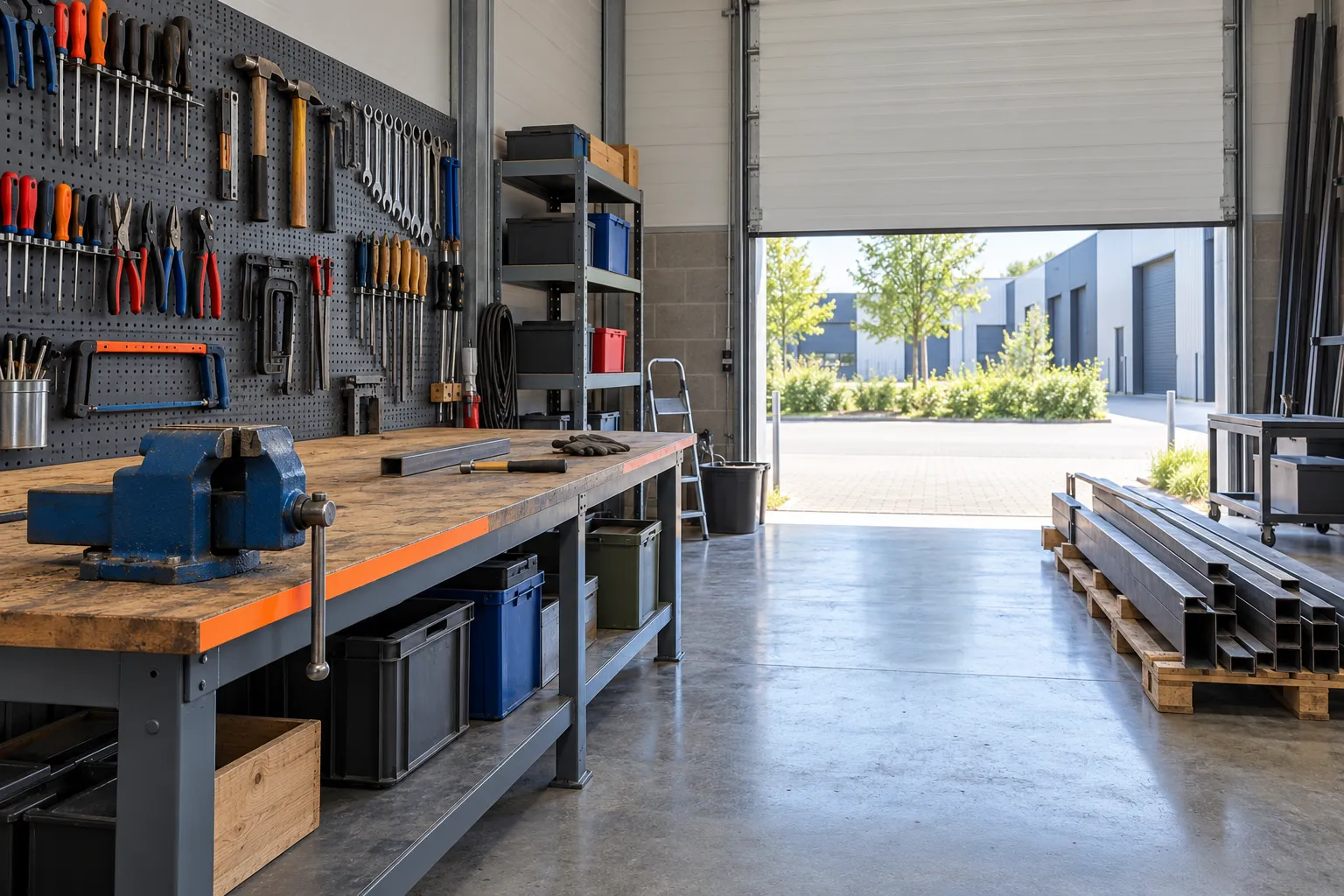 Kleine werkplaats met een werkbank, een gereedschapswand en een opengeschoven roldeur