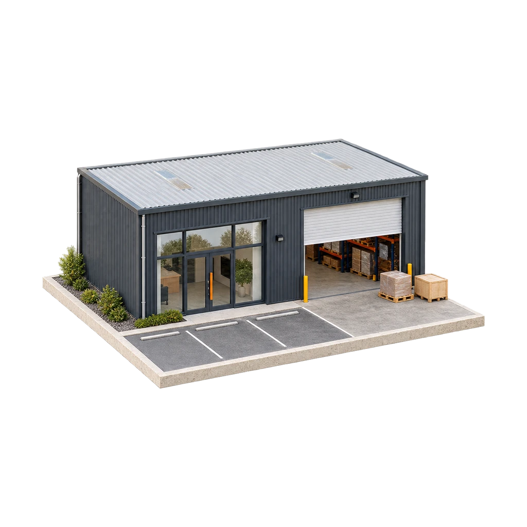 Maquette van een klein bedrijfspand met een half open roldeur en pallets bij de laadplek