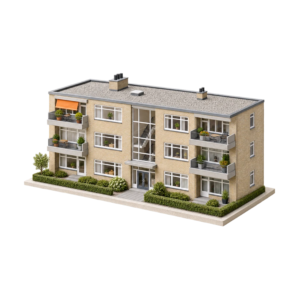 Maquette van een portiekflat van drie verdiepingen met balkons