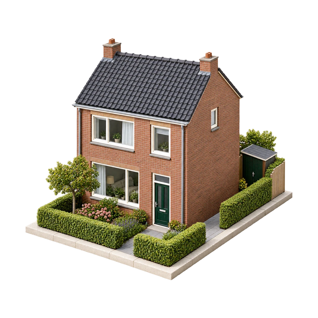 Maquette van een rijtjeshuis met voortuin, haag en een schuurtje achter het huis
