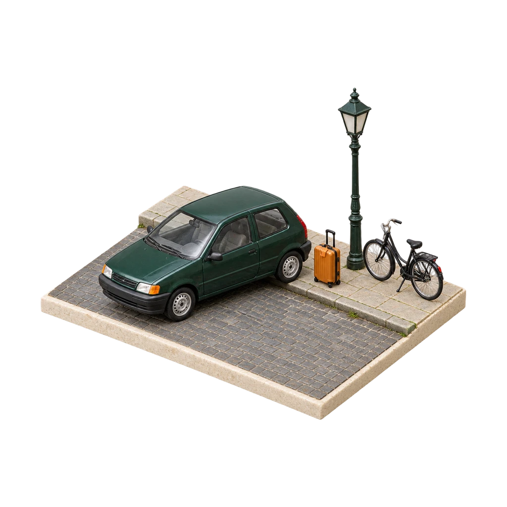 Maquette van een straatje met een geparkeerde auto, een fiets bij een lantaarnpaal en een koffer