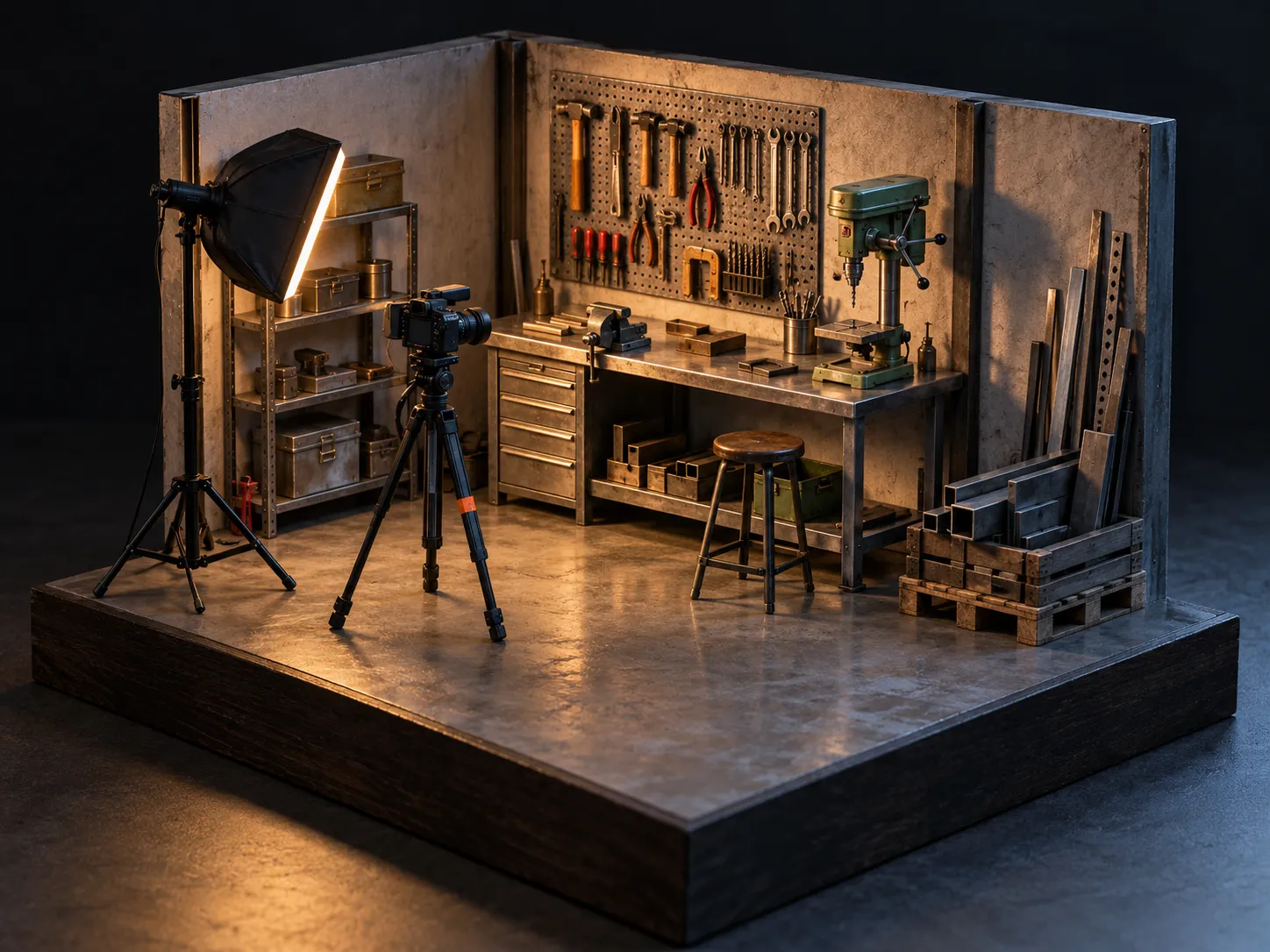 Miniatuurset van een werkplaats met een kleine camera op statief en een softbox
