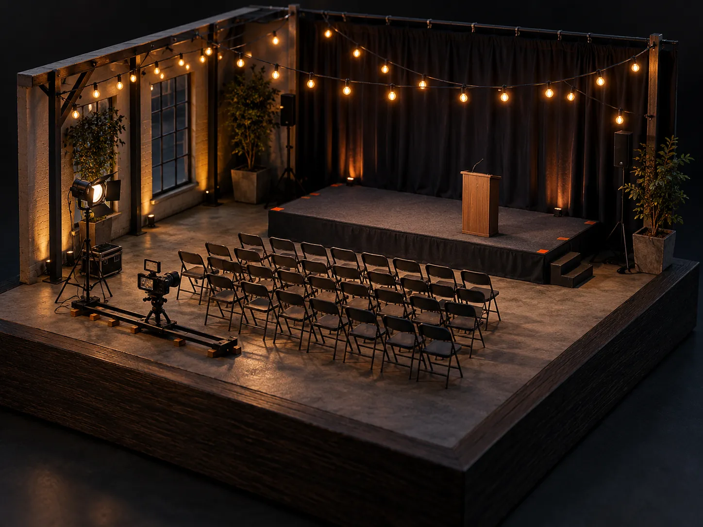 Miniatuurset van een evenementzaal met een klein podium en lichtslingers