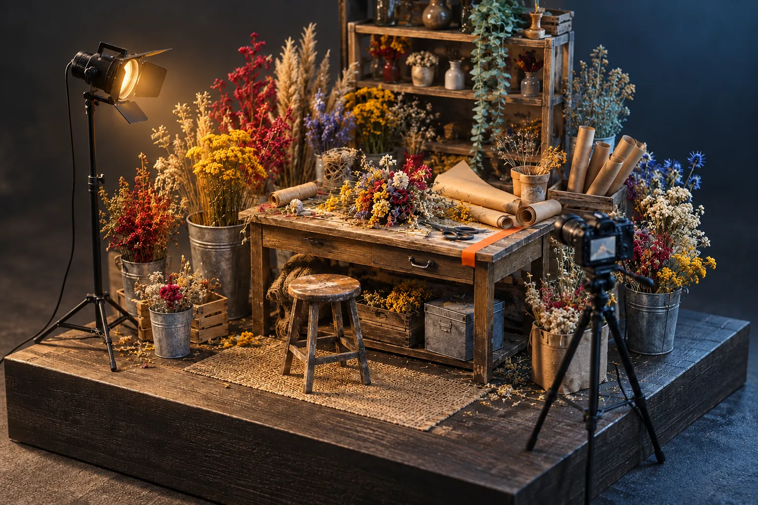 Dezelfde miniatuurset van een bloemenwerkbank, volledig gegradeerd met diepe zwarten en verzadigde bloemen