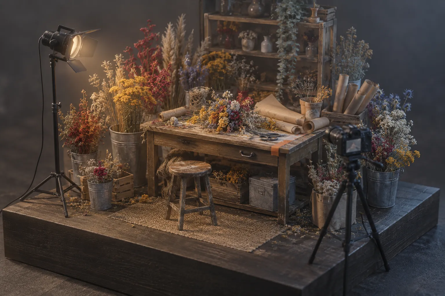 Miniatuurset van een bloemenwerkbank, vlak en ongegradeerd zoals het van de camera komt