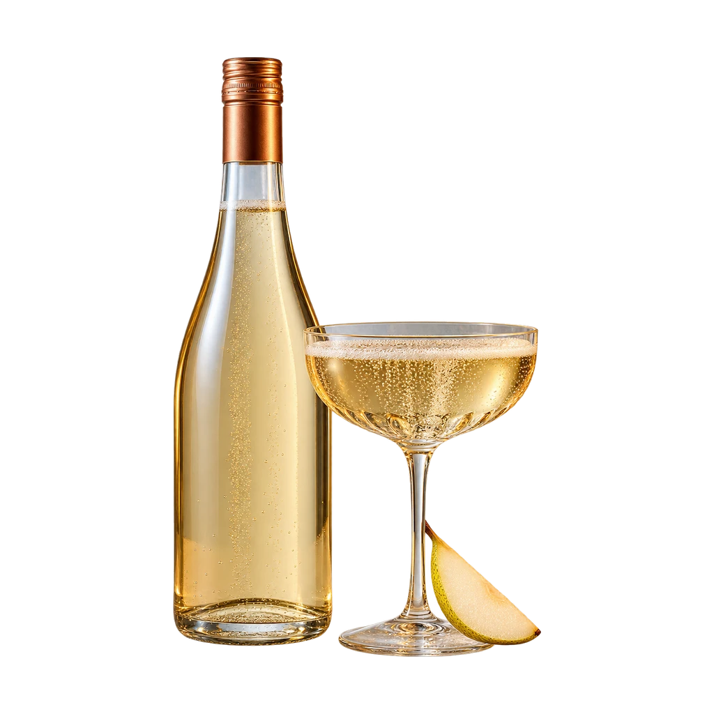 Alcoholvrij bruisend in een coupe naast een slanke fles