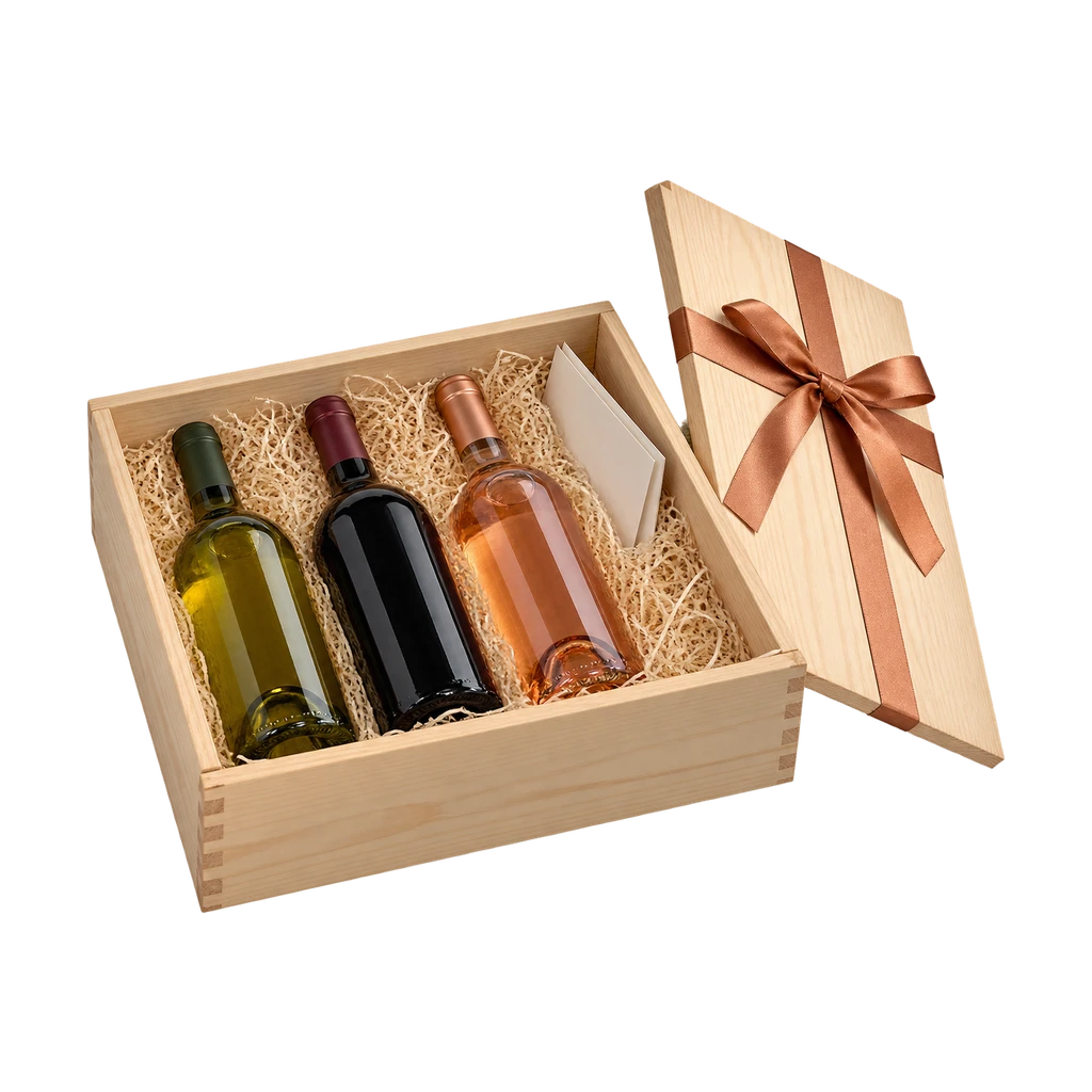 Houten proefdoos met drie flessen en een proefkaart