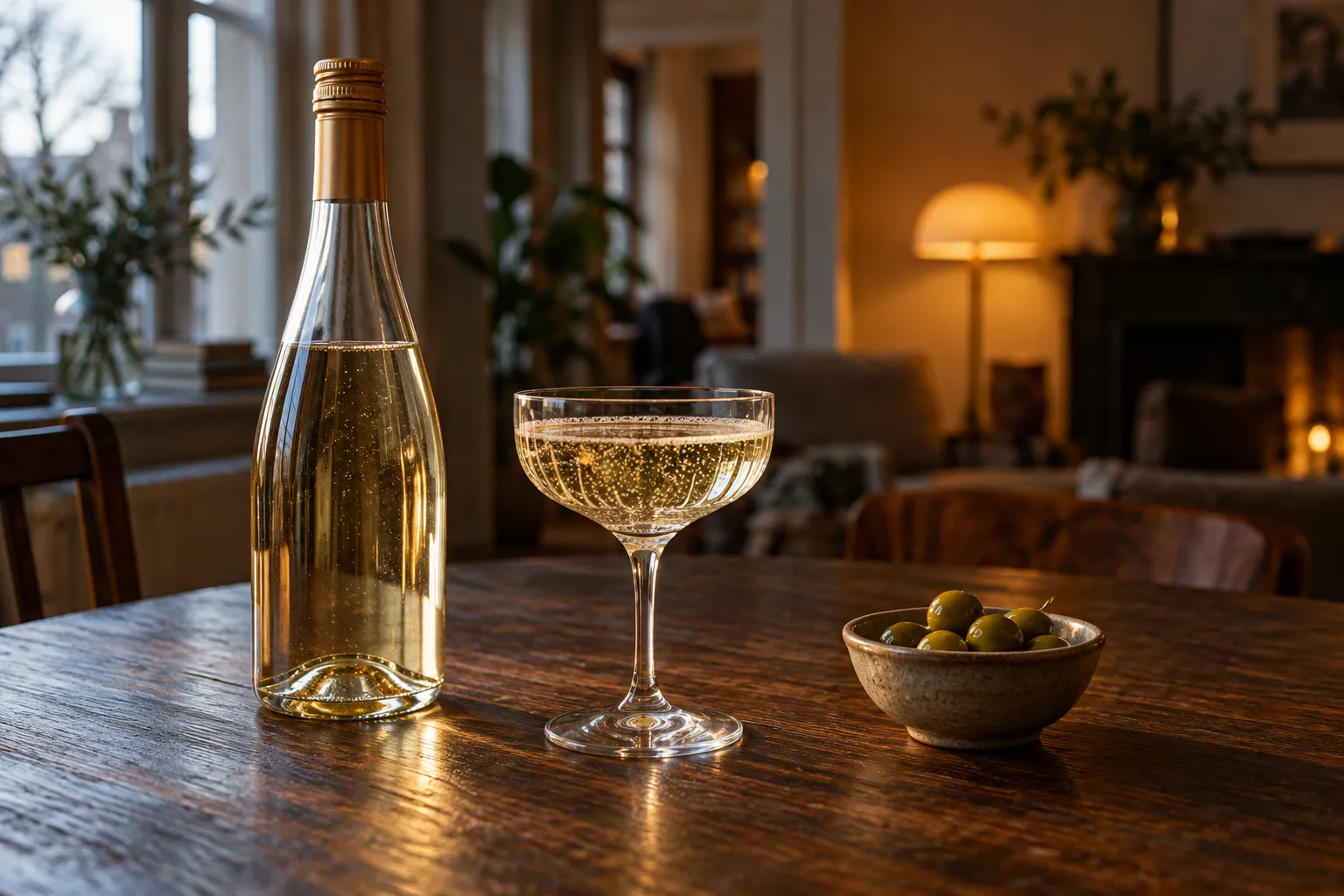 Slanke fles alcoholvrije mousserende wijn naast een gevulde coupe en een schaaltje olijven op een donkere tafel