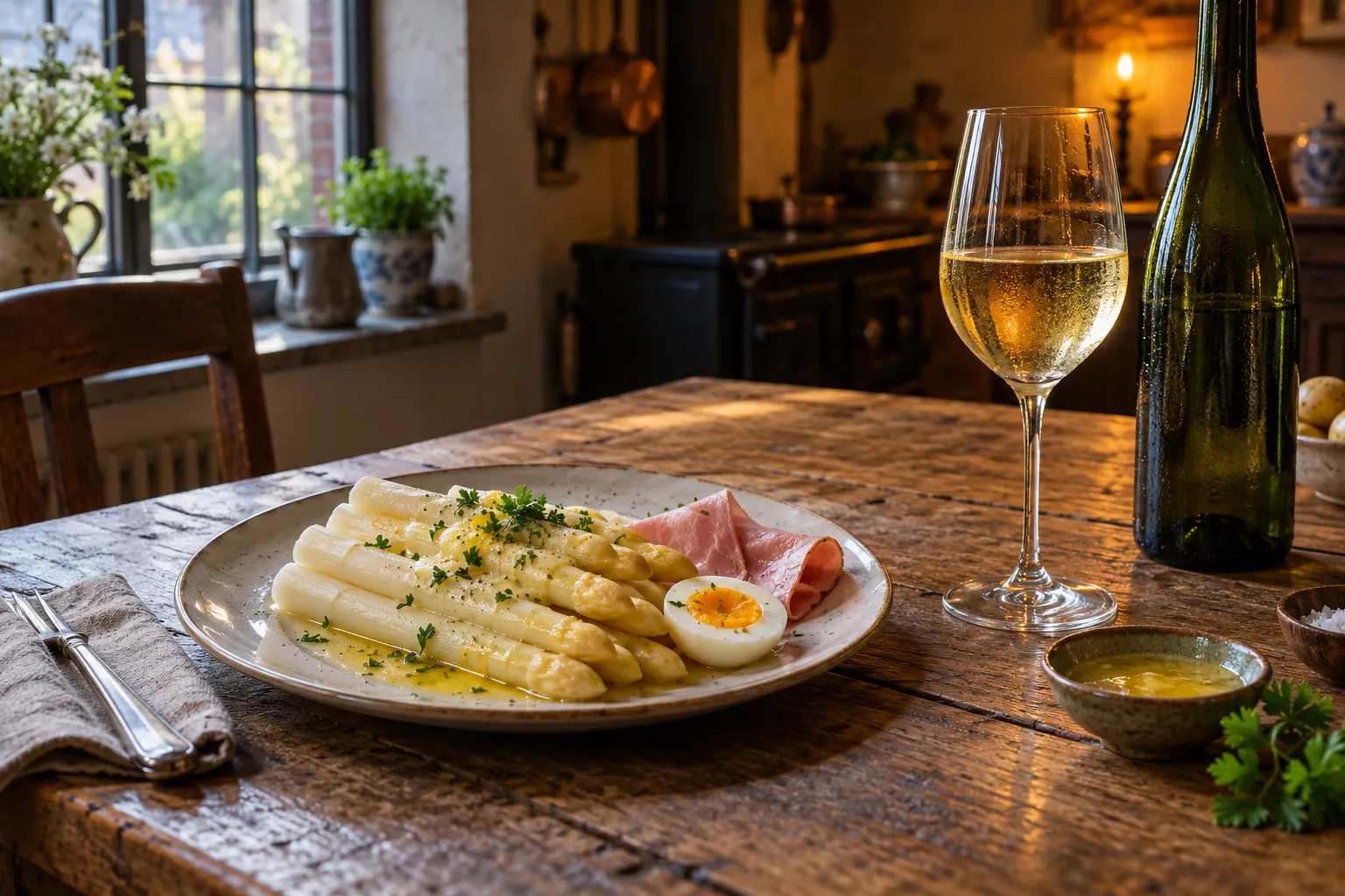 Bord witte asperges met ham en ei naast een beslagen glas witte wijn op een eiken tafel