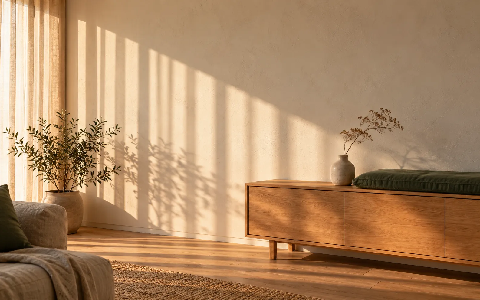 Zonlicht valt door verticale lamellen in banen over een linnen wand boven een eiken dressoir
