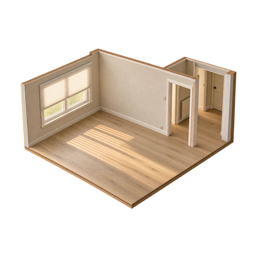 Maquette van dezelfde kamer erna: een doorlopende PVC-vloer in lichte eik en plissé voor het raam