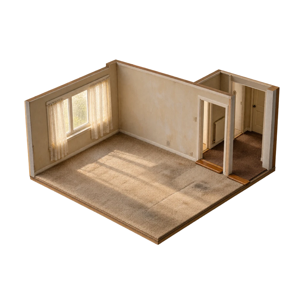 Maquette van de kamer ervoor: versleten tapijt, drie drempels en vergeelde vitrage