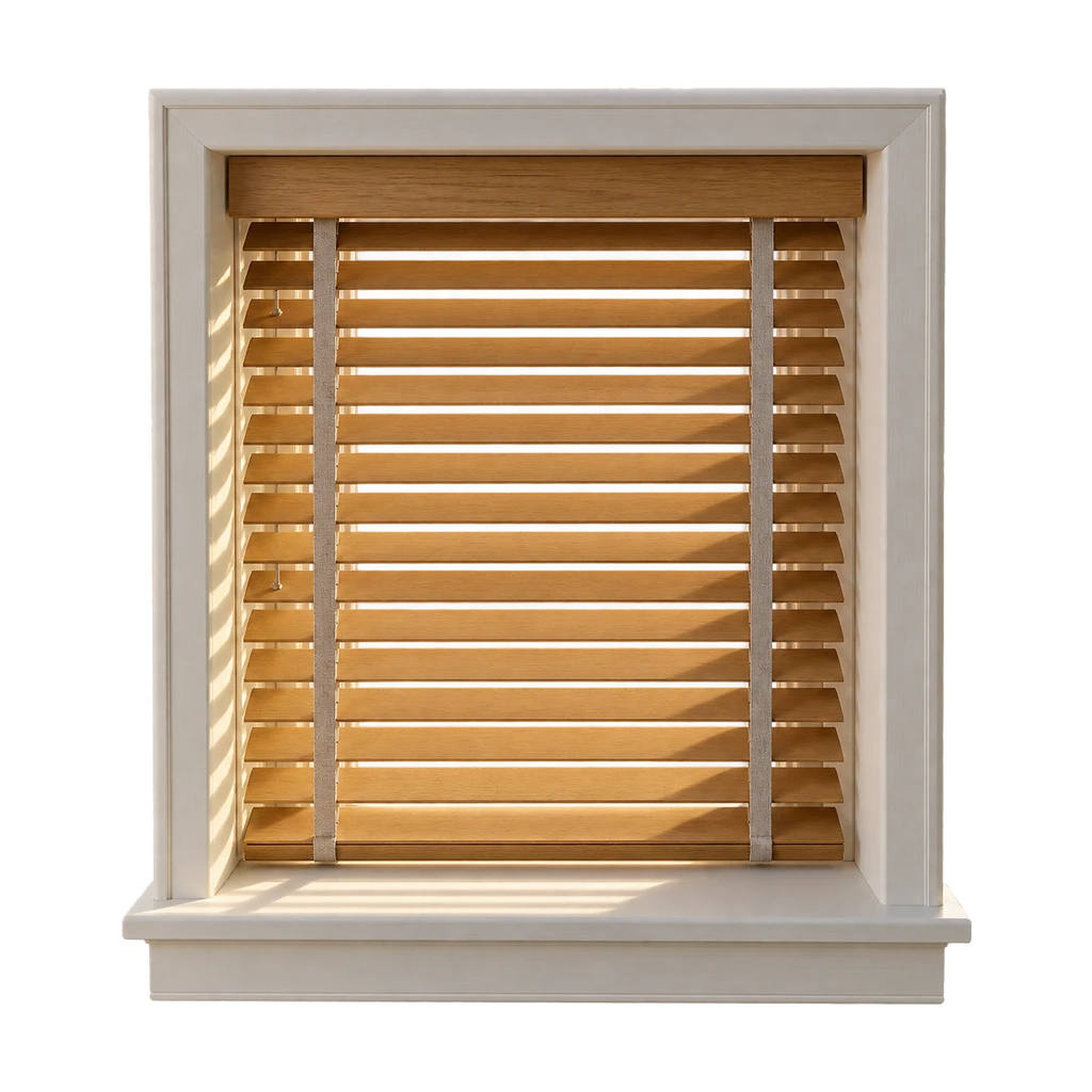 Modelraam met een houten jaloezie van eiken lamellen, half open gekanteld