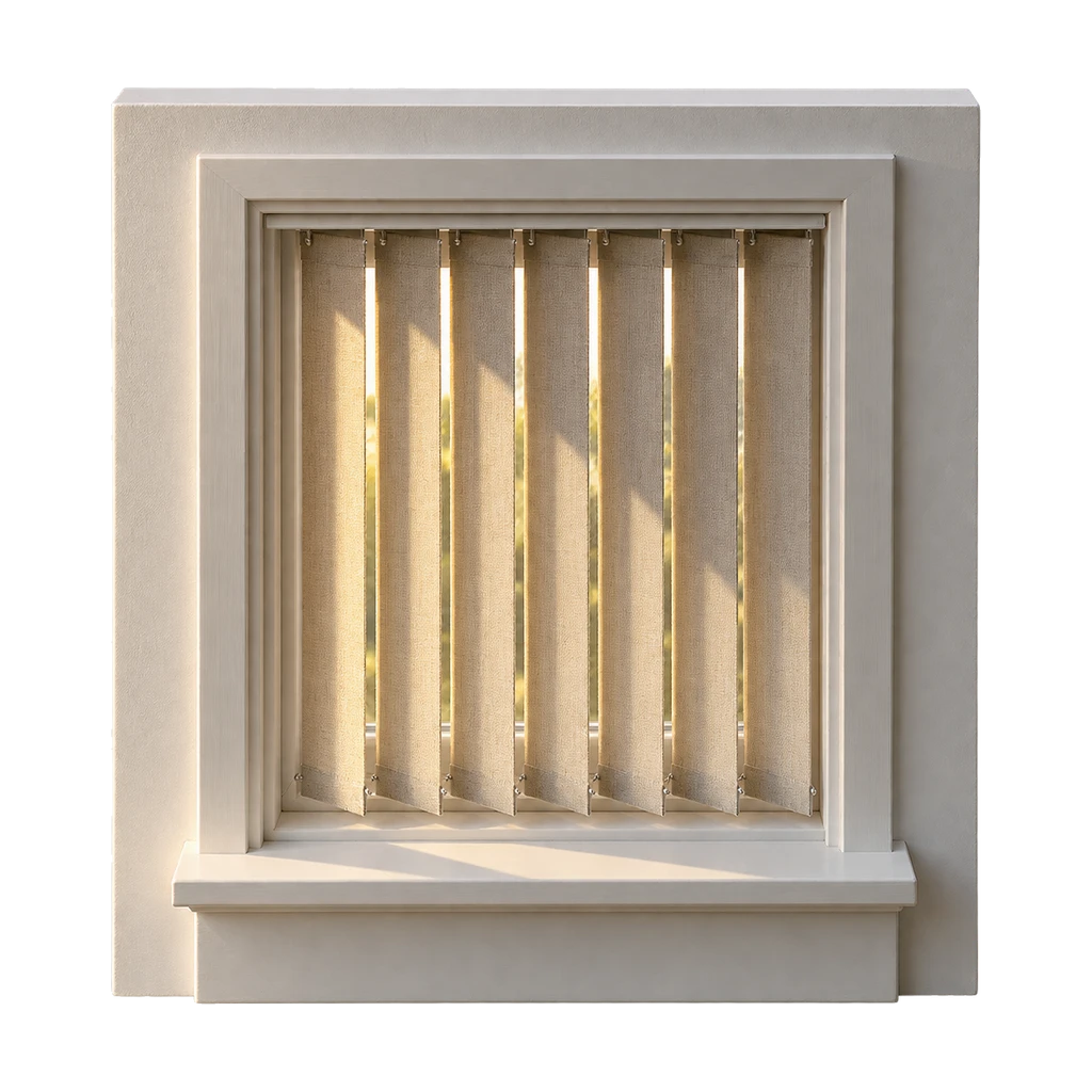Modelraam met verticale lamellen in linnenkleur, half open gedraaid