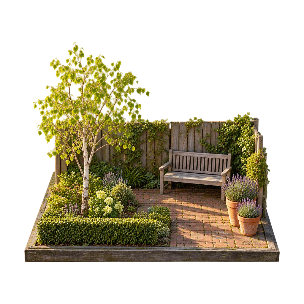 Maquette van een kleine achtertuin met een pad van oude bakstenen, een berkje, een haag en een houten bankje