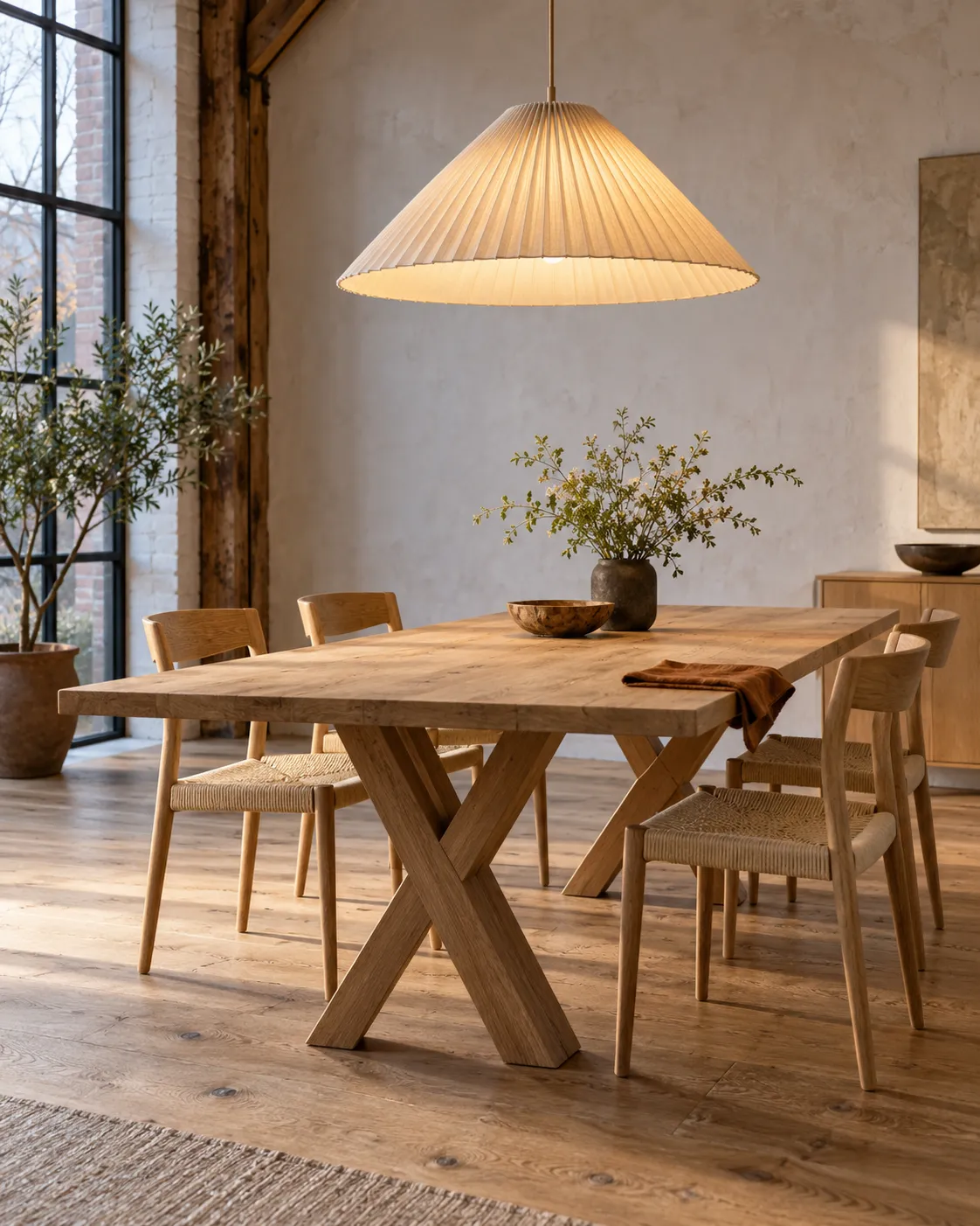 Eethoek in de winkel: lange eiken tafel, stoelen met papierkoord en een brandende hanglamp met linnen kap