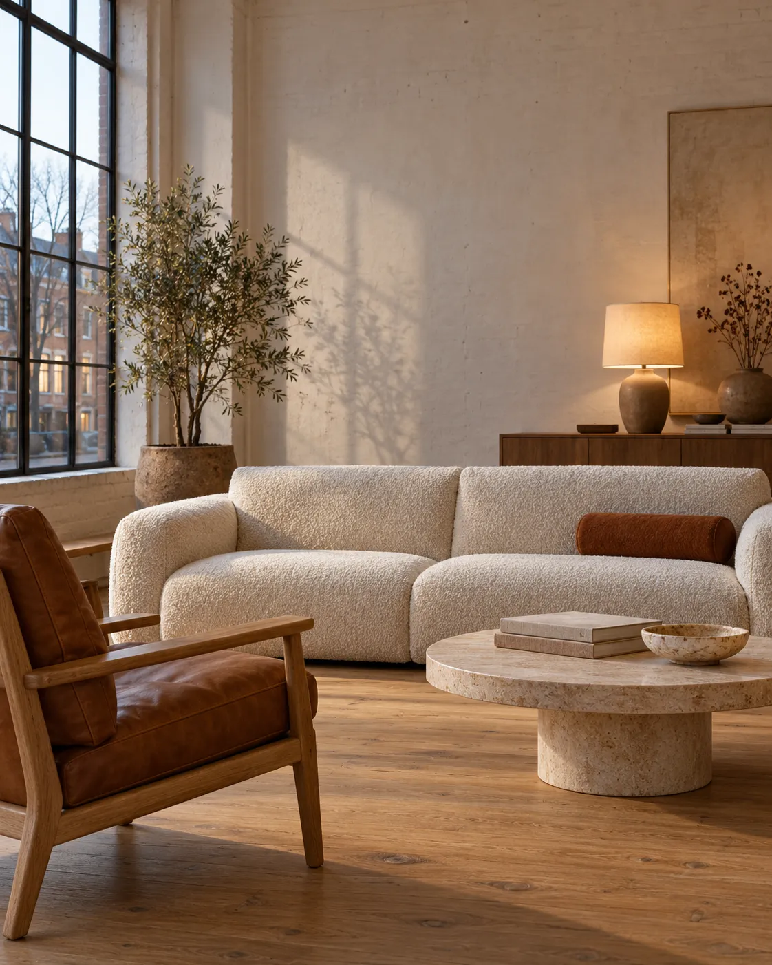 Woonkamerhoek in de winkel: lage bank in wolbouclé, fauteuil in cognacleer en een ronde salontafel in travertin