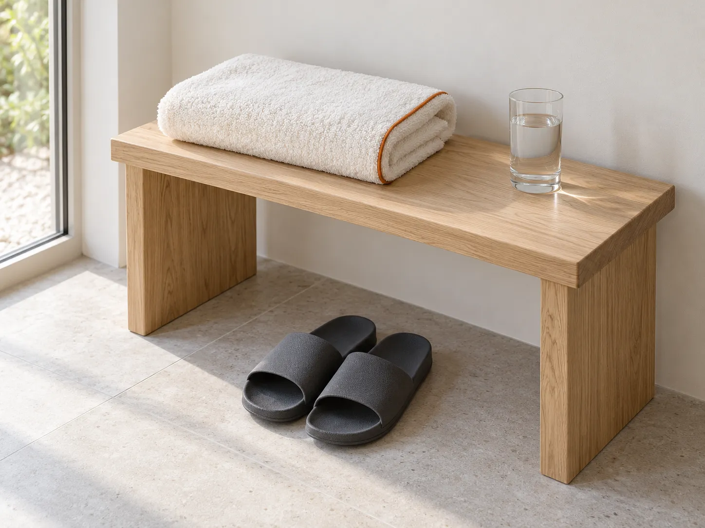 Handdoek, slippers en een glas water klaar op de bank
