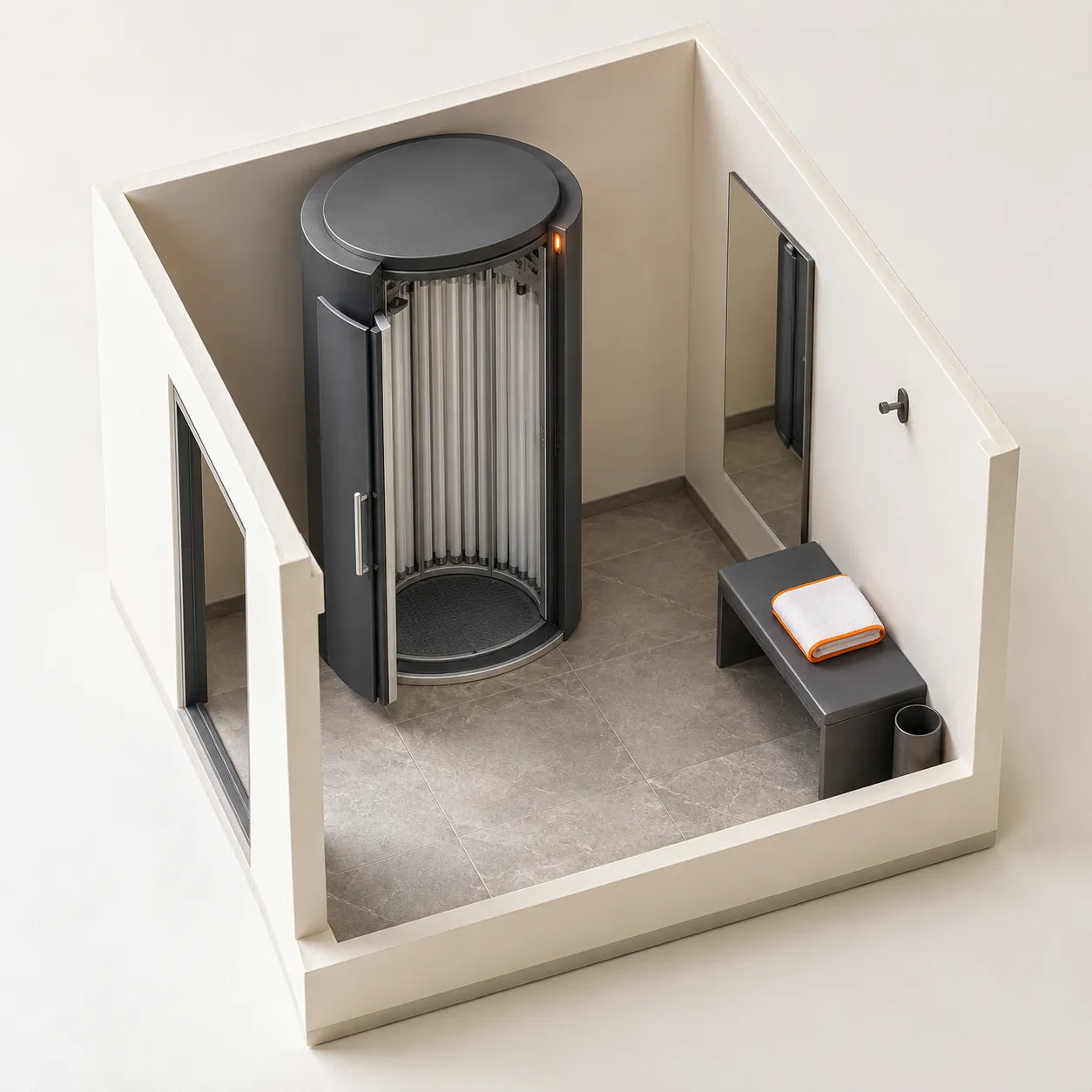 Schaalmodel van studio 2 met de staande cabine, deur open